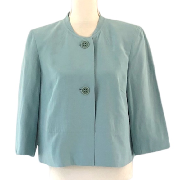 Jones New York Women’s Aqua Silk & Linen Crop Collarless Blazer Size 12 - Picture 2 of 12